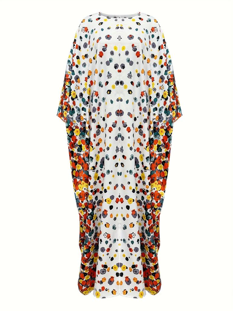 Caftano con stampa floreale Ramadan, scollo rotondo, elegante abito lungo con spacco e maniche a pipistrello, abbigliamento da donna