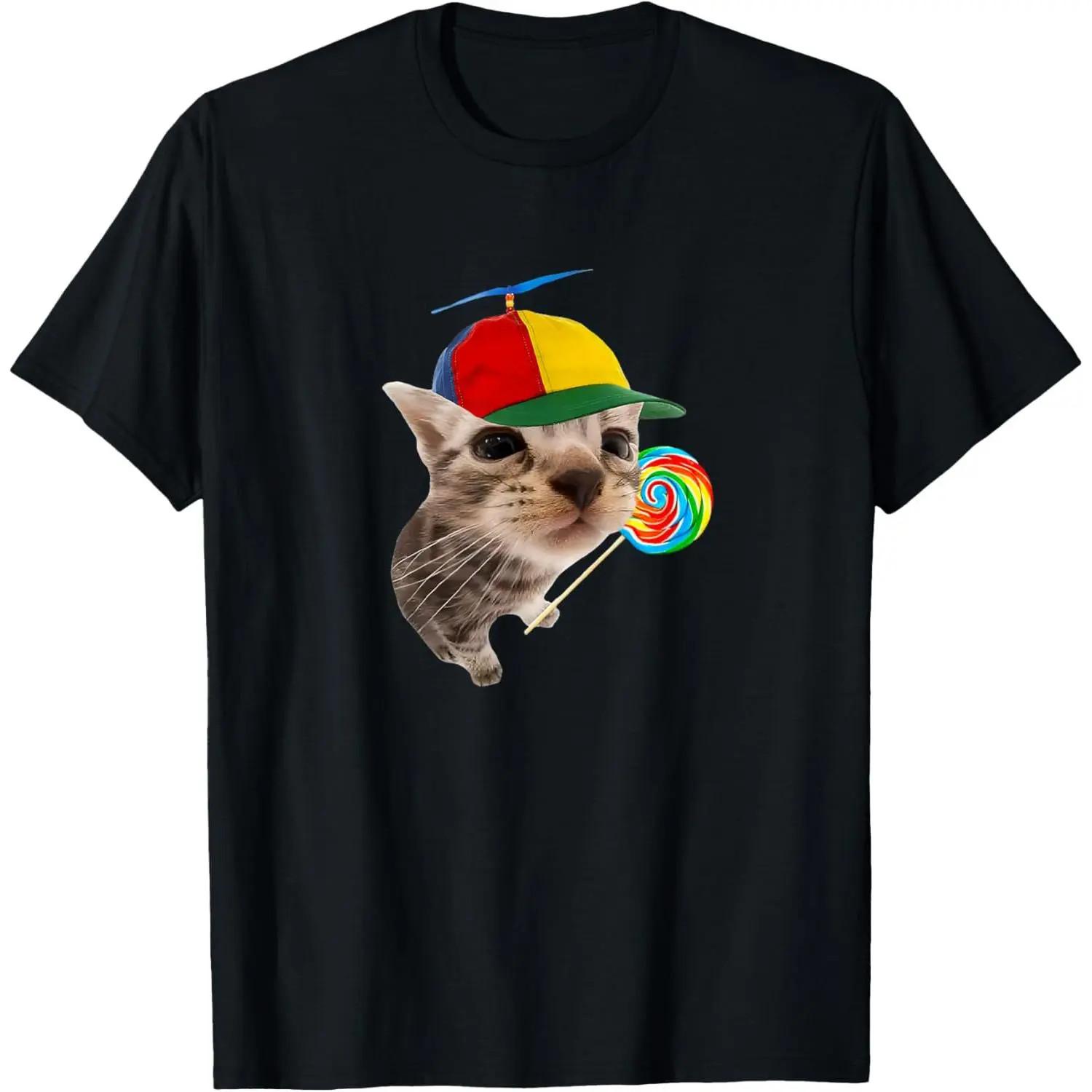 100% Cotton Silly Cat with Lollipop Meme T-Shirt Clothing Casual Cute Golf Gift S разноцветный