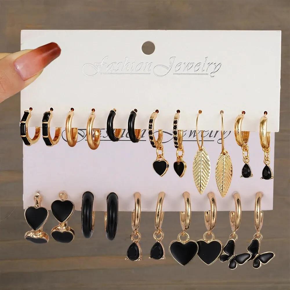 

11 Pcs Gold Color Black Leaf Butterfly Heart Earrings for Women Simple Temperament Drop Earring Ladies Holiday Wedding Jewelry