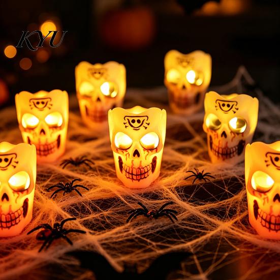 Flameless Halloween Decoration Lights LED Candle, Spooky Skull Pumpkin Fake Pillar Candles, Battery Operated Candles 3D Flickering Candle Light