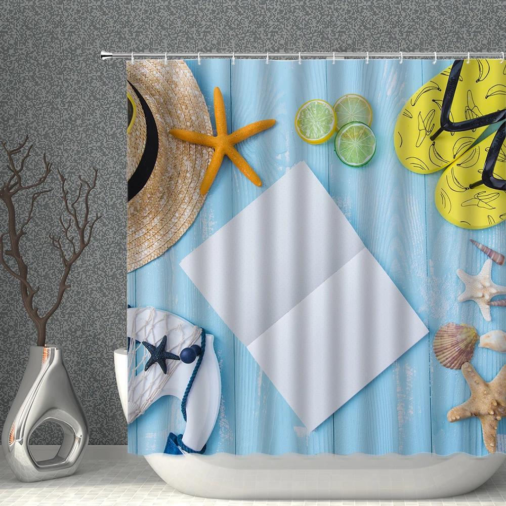 Starfish Shower Curtain Set Starfishs Shells Seascape Ocean Bath Curtains Waterproof Fabric White Blue Bathroom Screen Decor