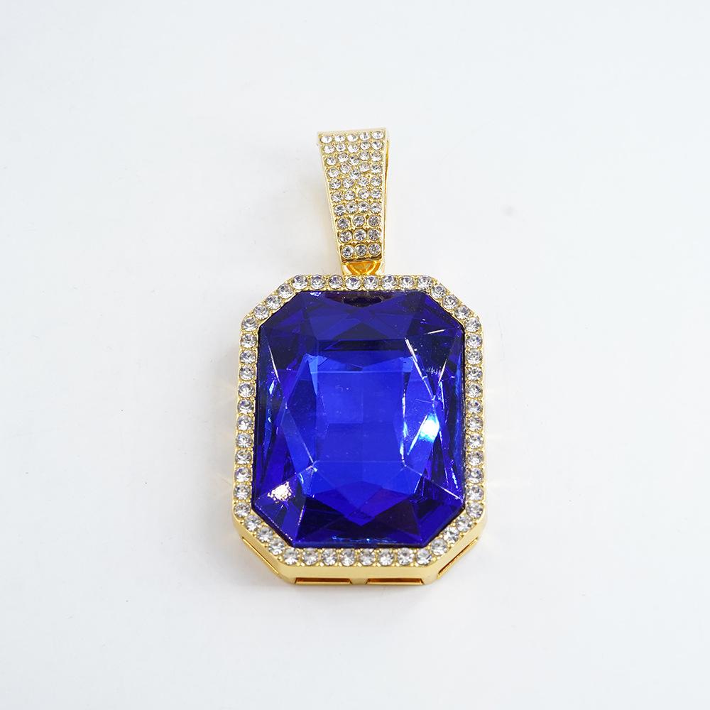 European and American Jewelry Fashion Square Colored Gemstone Necklace Pendant for Men, Hip-hop Style, Full Diamond Cuban Chain Necklace, Unisex