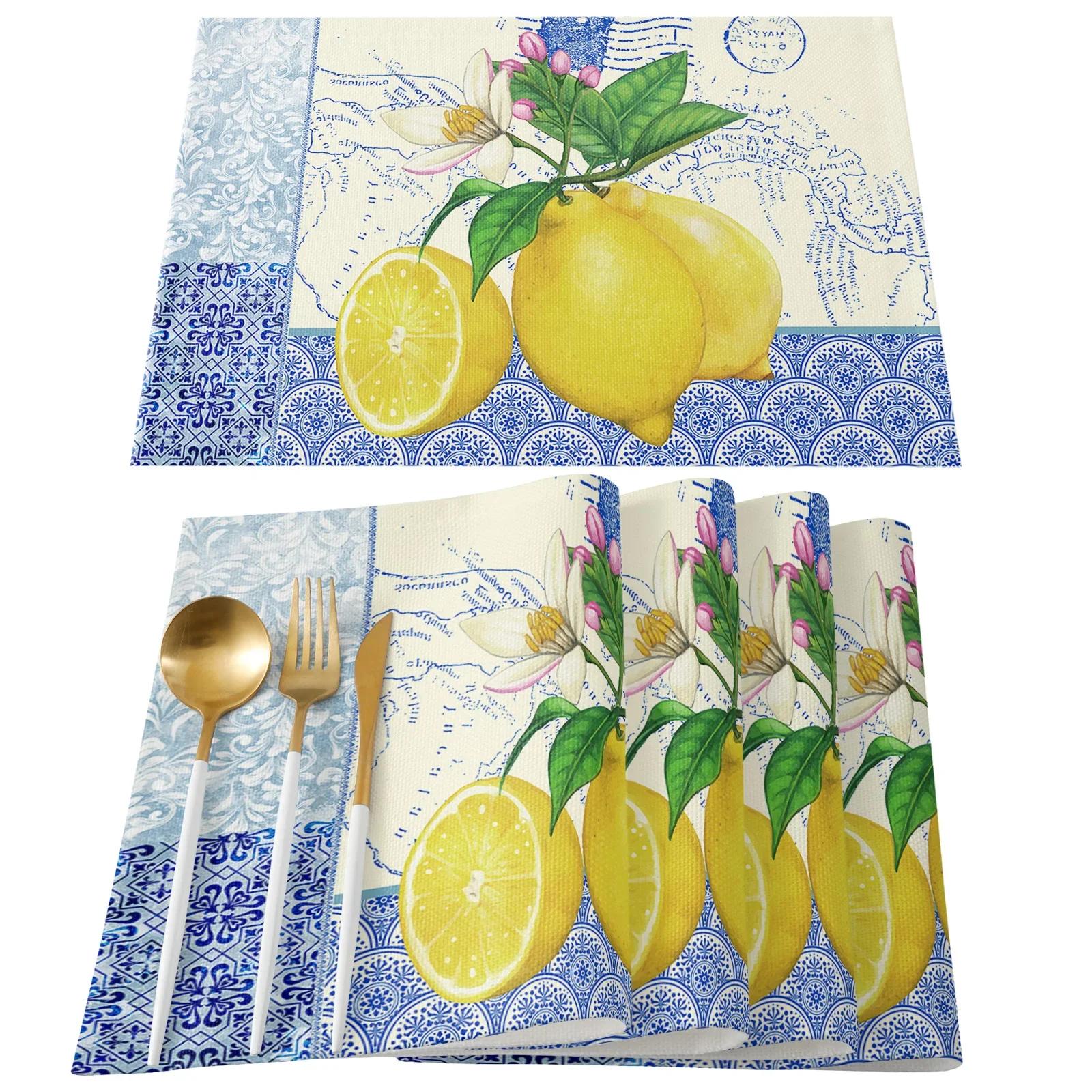 

Lemon Idyllic Plaid Fruit Kitchen Dining Table Decor Accessories 1pcs Placemat Heat Resistant Linen Tableware Pads Mats 1pcs