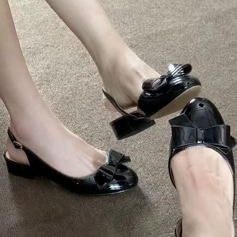 

Gentle round head one-word buckle with sandals women s outer wear summer new bow bag head empty single shoes 35 чёрный