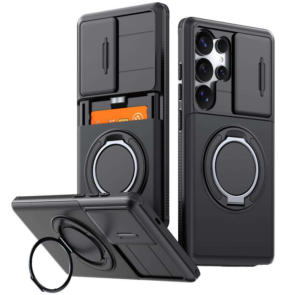 Hoesje Voor Samsung Galaxy S26 S25 S24 S23 S22 Ultra Plus S25FE S24FE Cover Schuif Camera Bescherming Met Kaart Ringhouder Armor Fundas
