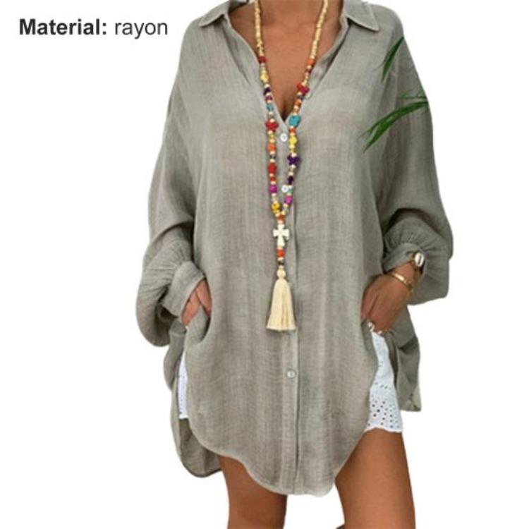 Casual Loose Lapel Shirt Solid Color Single Breasted Lady Party Wear