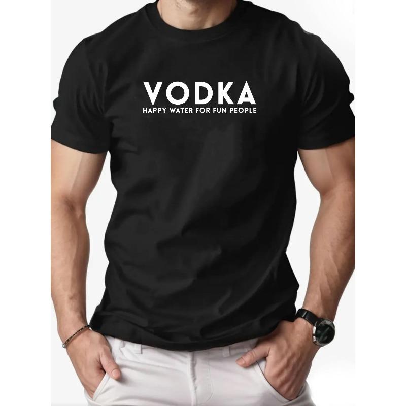 Men's VODKA Print Short Sleeve T-Shirt - Summer Casual Solid Color Round Neck Tee with Vodka, Male Casual Wear for Parties & Everyday Use