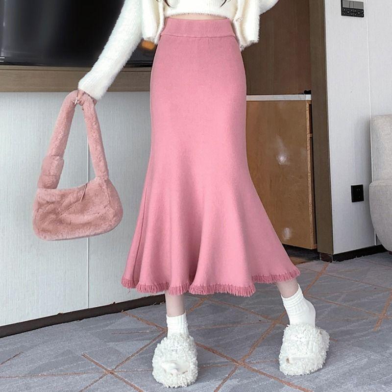 

Черная полуюбка с высокой талией для осени и зимы, новая вязаная женская юбка-рыбий хвост грушевидной формы с кисточками, облегающего кроя и юбка с запахом на бедрах. One Size розовый