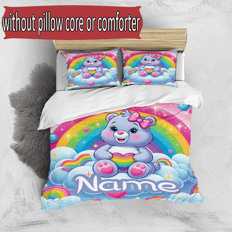 3'lü Nevresim Takımı (1*Nevresim Kılıfı + 2*Yastık Kılıfı, Çekirdeksiz), Kişiye Özel İsimli Care Bears Desenli Nevresim Takımı, Ev Yatak Odası Dekorasyon Hediyesi