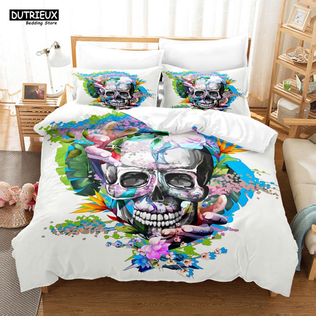 

Comforter Skeleton Skull Bedding Set 2/3Pcs Queen King Full Size Rose Flower For Adults Teens Comforter (quilt)-EU Single(135*200cm)3pcs