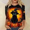 Dámské módní ležérní top s tříčtvrtečním rukávem a halloweenským potiskem, kulatý výstřih