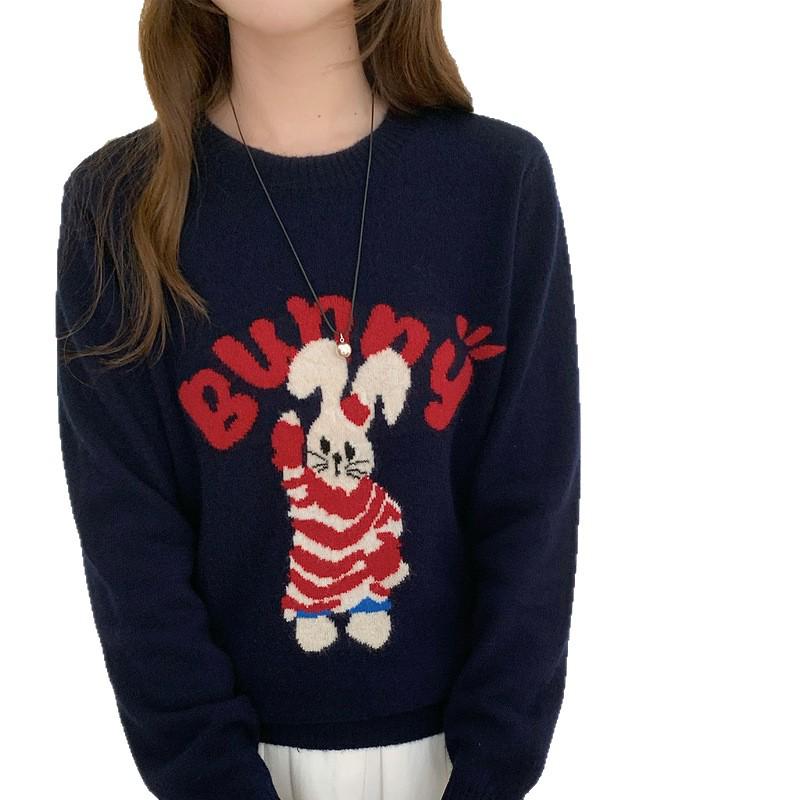 Women's Wool Round Neck Sweater with Cartoon Bunny Embroidery - Cute Style for Autumn/Winter
