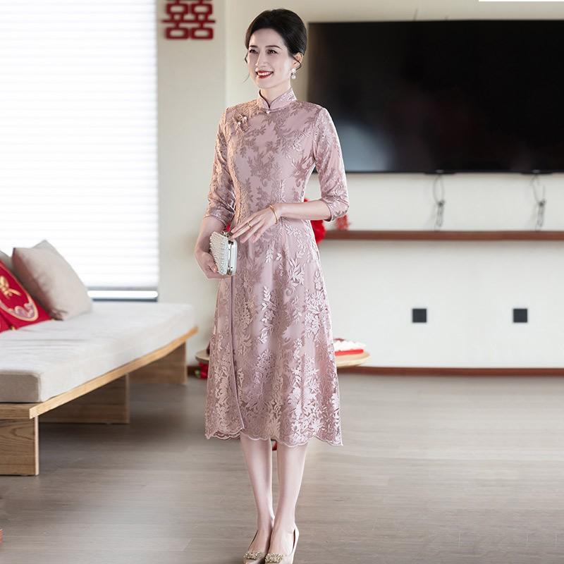 Elegant Vintage Cheongsam Dress Mother Of Bride Wedding Guest Outfit Red Pink Floral Lace Midi
