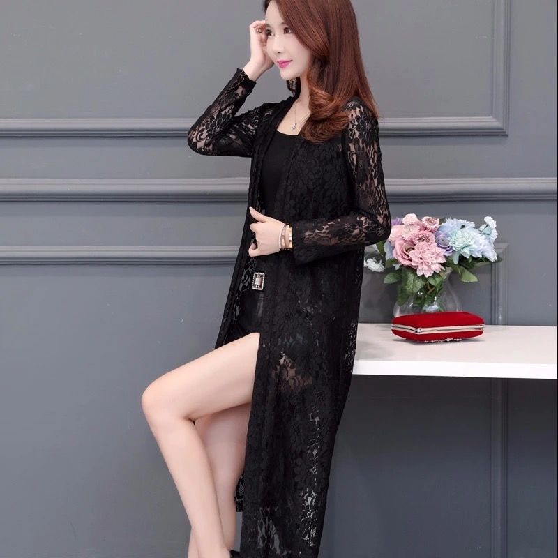 Women Lace Cardigan Mid-length Summer Mesh Shawl Loose Over-the-knee Sun Protection Clothing Women Jacket Shirt Outerwear