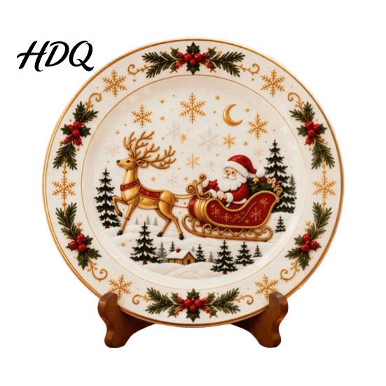 Winter Holiday Plate Wooden Christmas Round Plate Santa Snowman Stocking Tree Bell Sleigh Dish Table Centerpiece Decor Xmas Tabletop Ornament