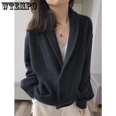 Dame Strikket Cardigan Efterår og Vinter Mode Revers Løs Sweater Jakke Top