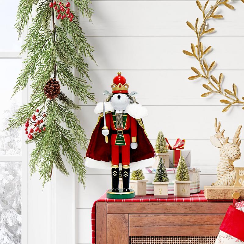 Wooden Nutcracker Decorations Holiday Mice King Statue 12 Inch Creative Mice King Nutcracker Festive Christmas Shelves Decor
