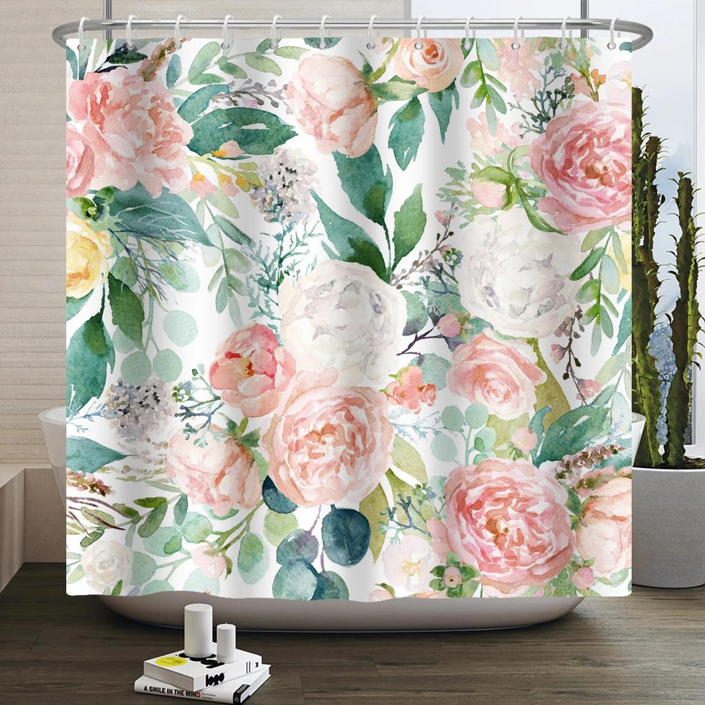 Watercolor Floral Shower Curtain for Bathroom Spring Elegant Flower Printed Bath Curtain Botanical Wildflower Bathroom Decor
