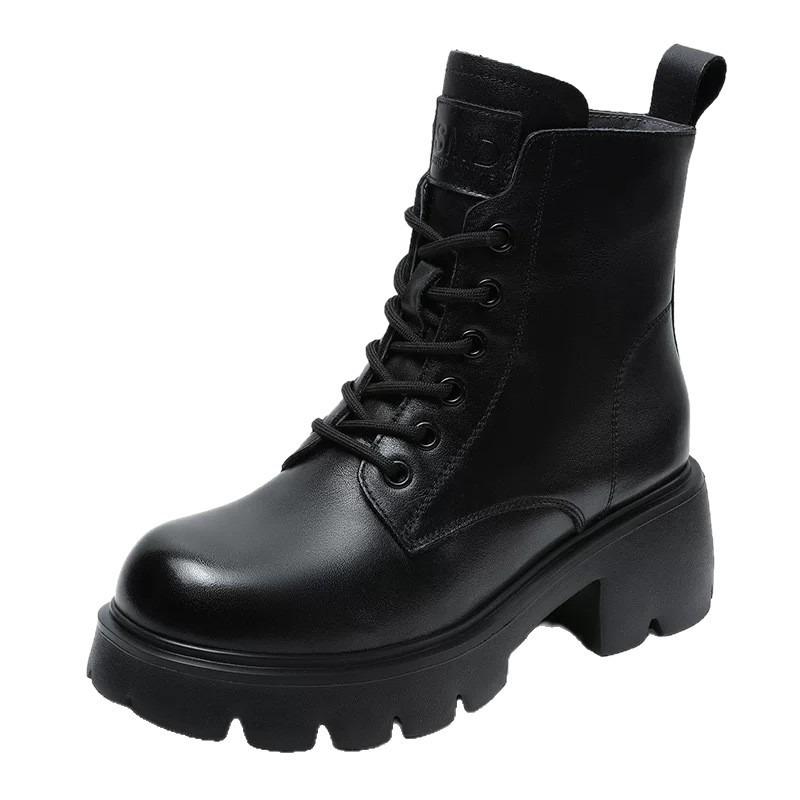Soft leather square heel Martin boots women's platform casual boots autumn and winter black velvet Martin boots to keep warm