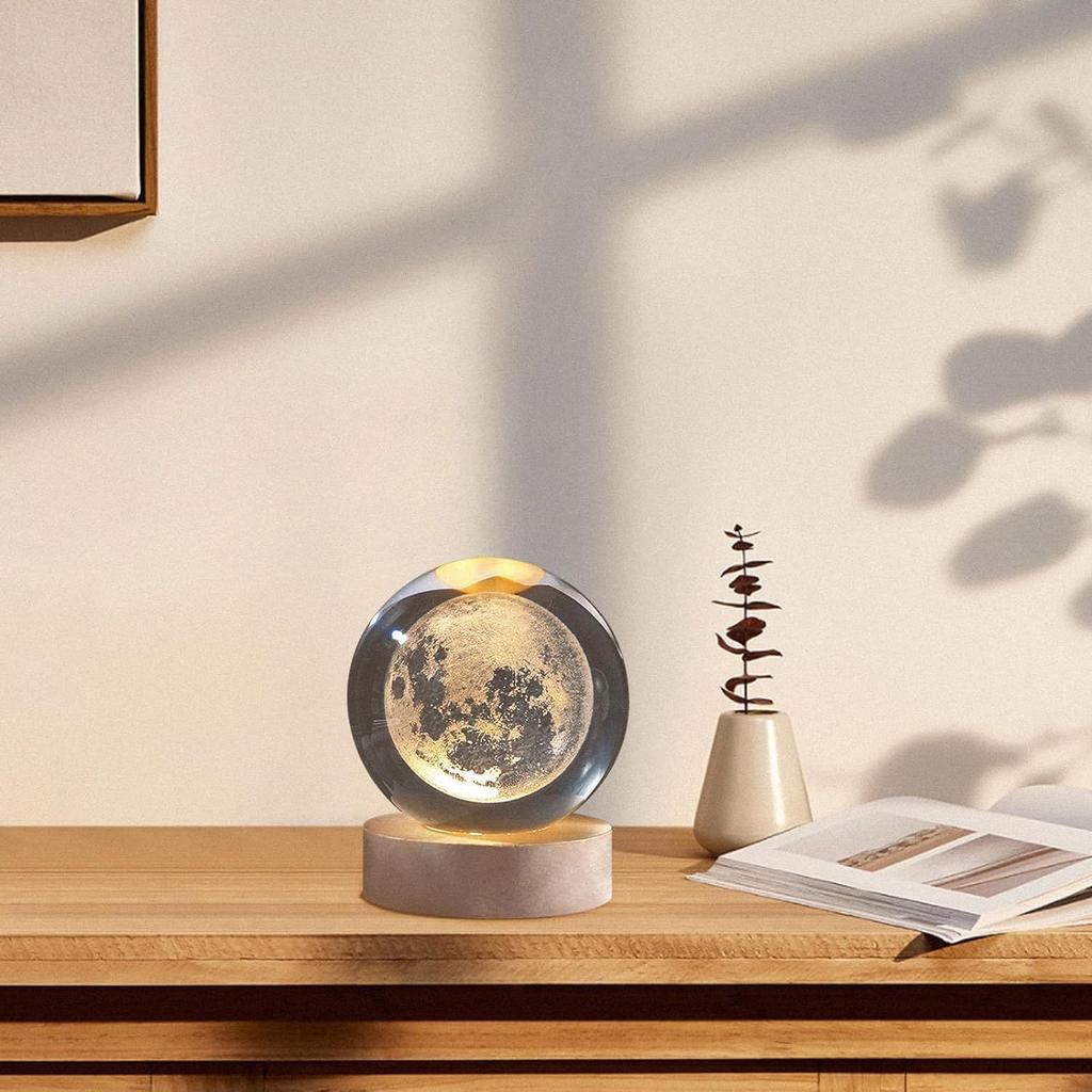 Crystal Moon Lamp – Engraved Crystal Ball LED Night Light with Wooden Base, USB Powered, Ideal for Home & Office Décor, Birthday