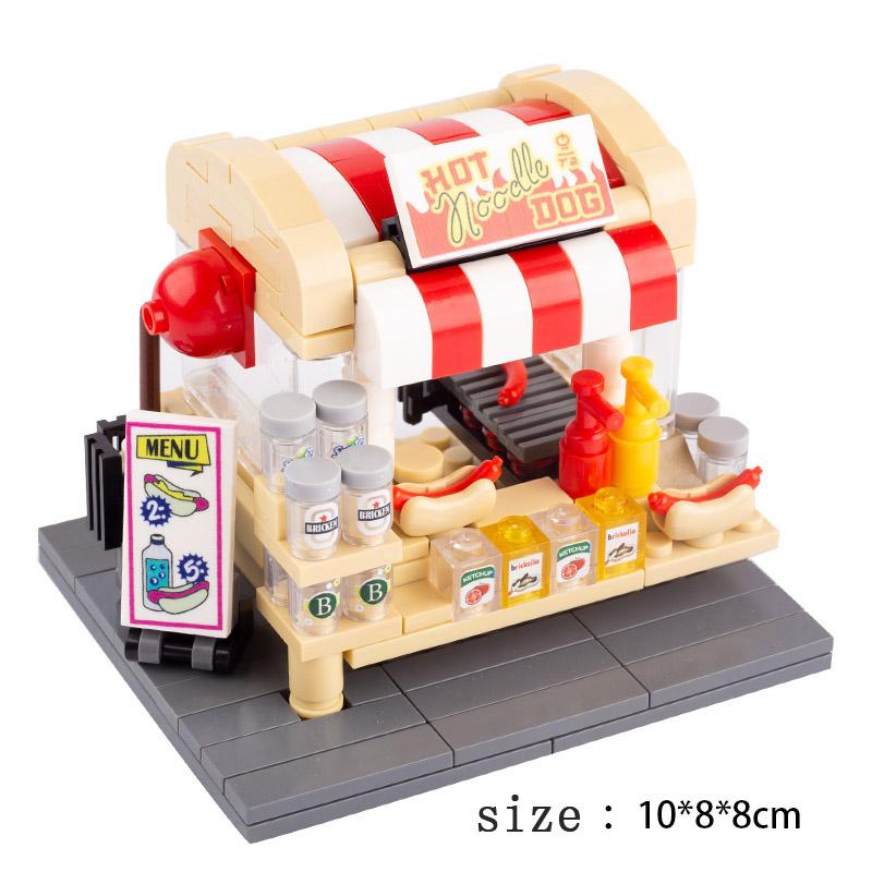 MOC Essensstand Bausteine Telefonzelle Toilette Stadt Straßenszene Pizza Hot Dog Eiswagen DIY Blumenbeet Kirche Steine Spielzeug