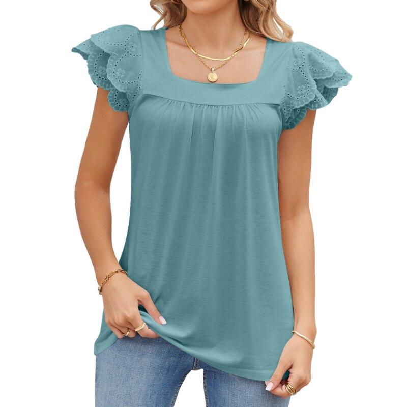 Camiseta informal de manga corta con pétalos para mujer, blusa elegante con cuello cuadrado, Top sencillo y liso con agujeros para mujer 27773 2023