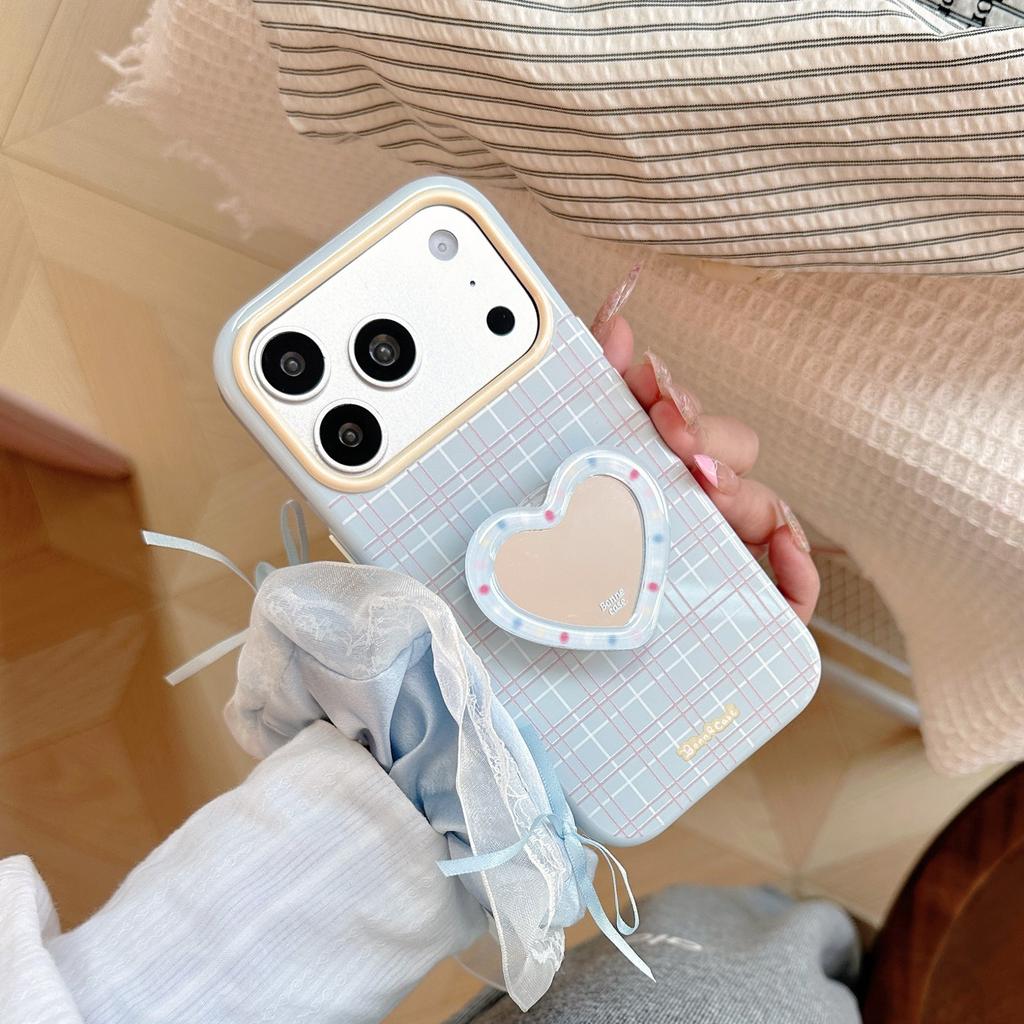 Love mirror bracket Apple 17pm mobile phone case iphone16 is suitable for 15 high value 14 soft 17 fresh plaid