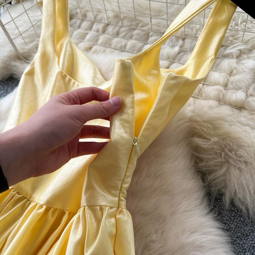 Women's Elegant White Satin Long Dresses Wedding Guest Cocktail Evening Party Dress Square Neck Sleeveless Slim Long Dress
