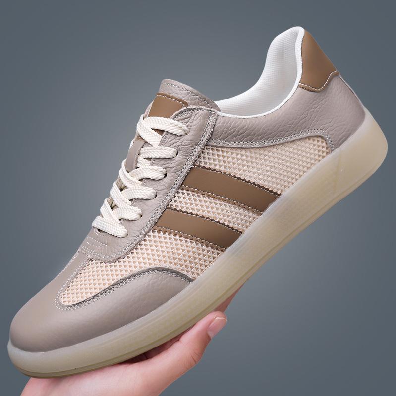 

Shoes for Men Genuine Leather Casual Shoes Fashion Striped Breathable Mesh Flat Skateboard Shoes Street Lace-up Sneakers 44 серый