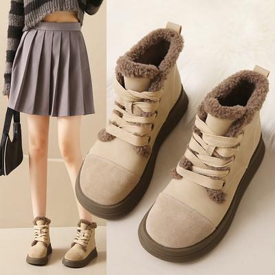 2024 New Winter Plush Cotton Shoes Women's Flat Bottom Short Barrel Round Head Lace Up Women's Boots