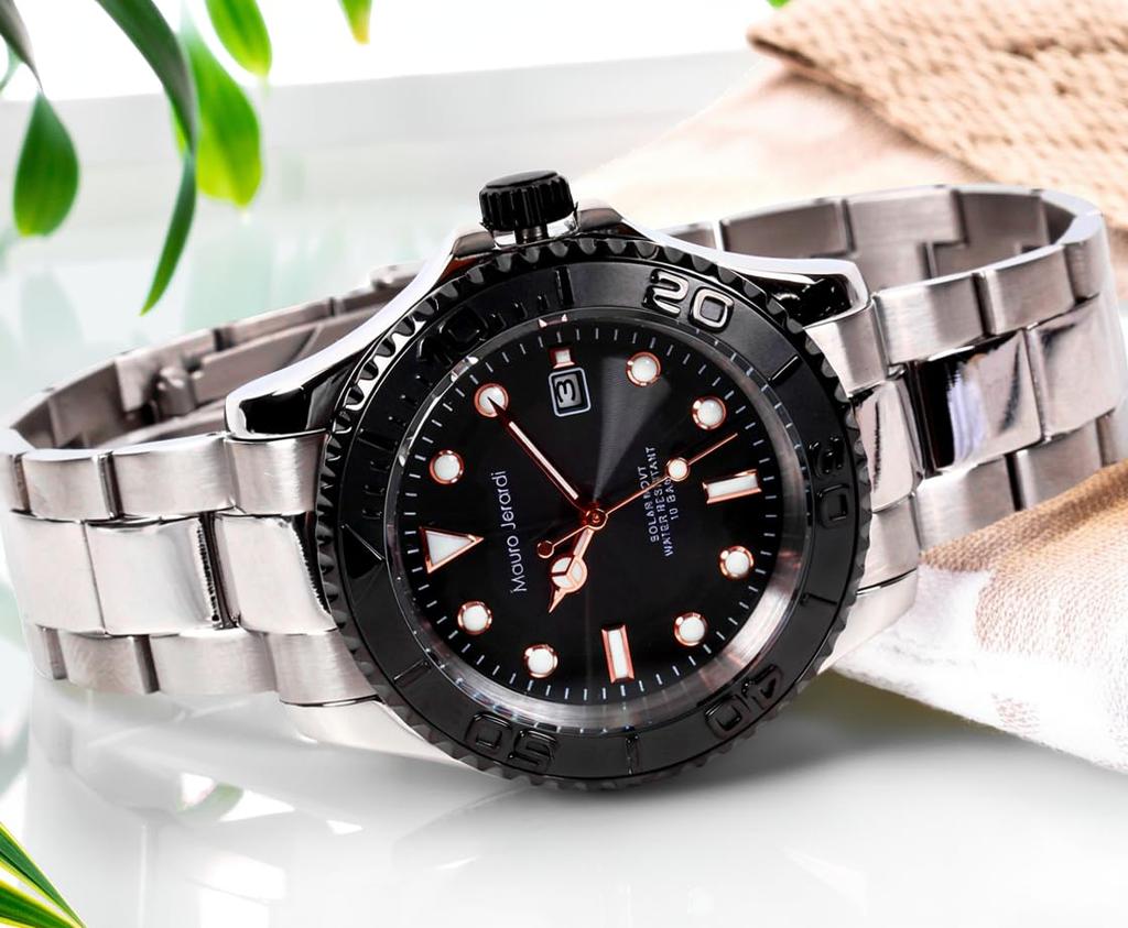 Mauro Geraldi Solar Watch, All Stainless Steel, 10 ATM Water Resistant, Rotating Bezel, Luminous, MJ061 (MJ061-1/Black)