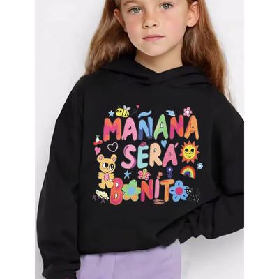 A Black Cartoon Letter Printed Hooded Sweatshirt For A Girl In Autumn