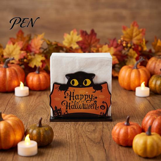 Cute Kitchen Counter Storage Halloween Ghost/Cat Wooden Napkin Holder, Paper Towel Decorative Cartoon Table Decor Stand, Freestanding Tissue Dispenser