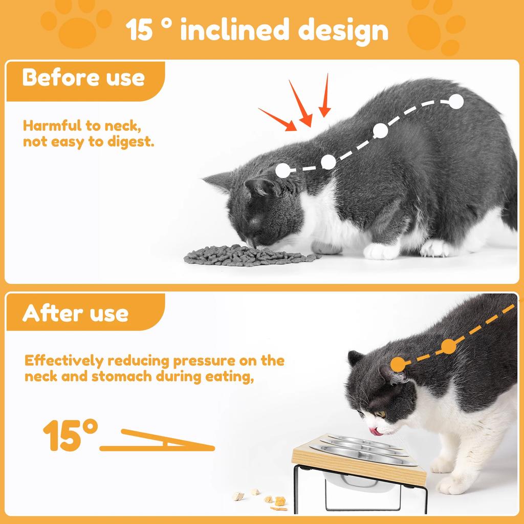 Elevated Cat Bowls Wood Cat Bowl Stand 15° Inclined Elevated Cat Food Feeder Stainless Steel Pet Bowl Feeding Container for Cat