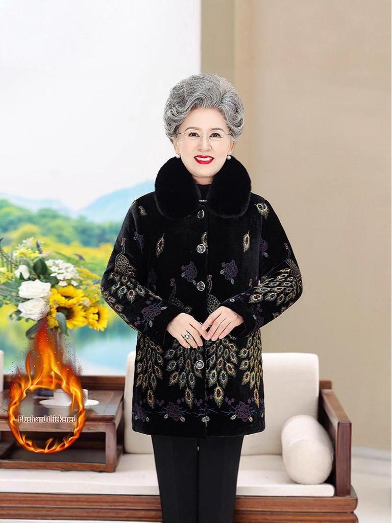Grandma's Mink Velvet Coat with Fleece Lining, Thickened, for Middle-Aged & Elderly, Fur Collar, Warm Cotton-Padded Jacket.