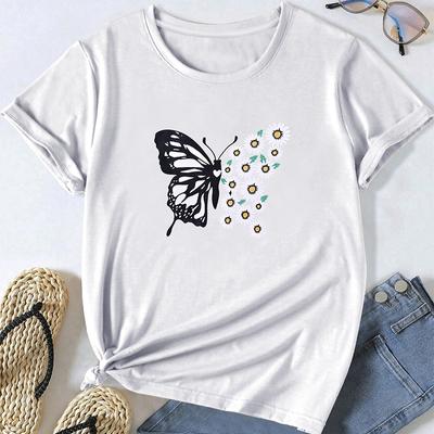 Moda Feminina Animal Borboleta Estampa Camiseta Engraçada Casual Gola O Manga Curta Camiseta Verão Camiseta Feminina