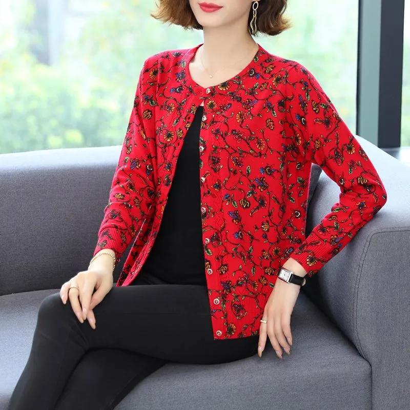 Women's Spring/Fall Short-Sleeve Printed Knit Cardigan Elegant Sweater Jacket for Mature Mothers