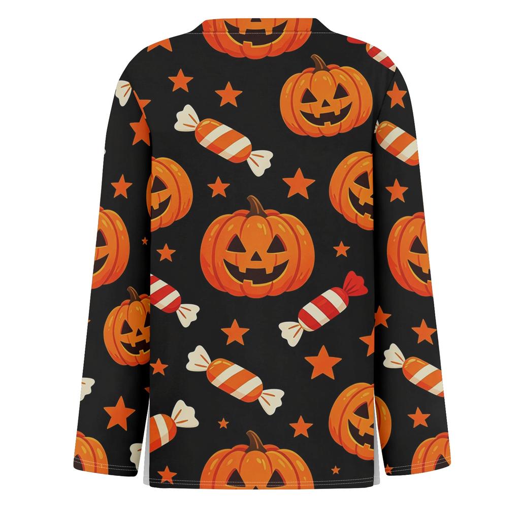 Women Long Sleeve Crew Neck Top Halloween Print Split Hem Casual Loose Fit Pullover Shirt for Fall Seasonal Wear