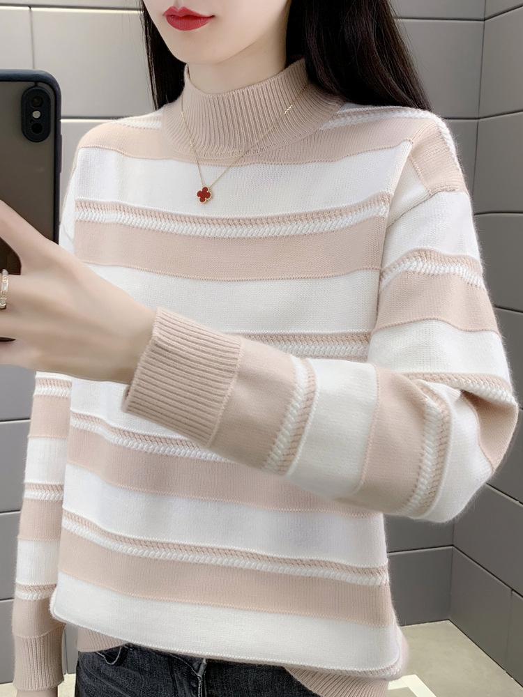 Women's Stylish Striped Loose Sweater - Thickened Half-High Collar Base Layer for Autumn/Winter