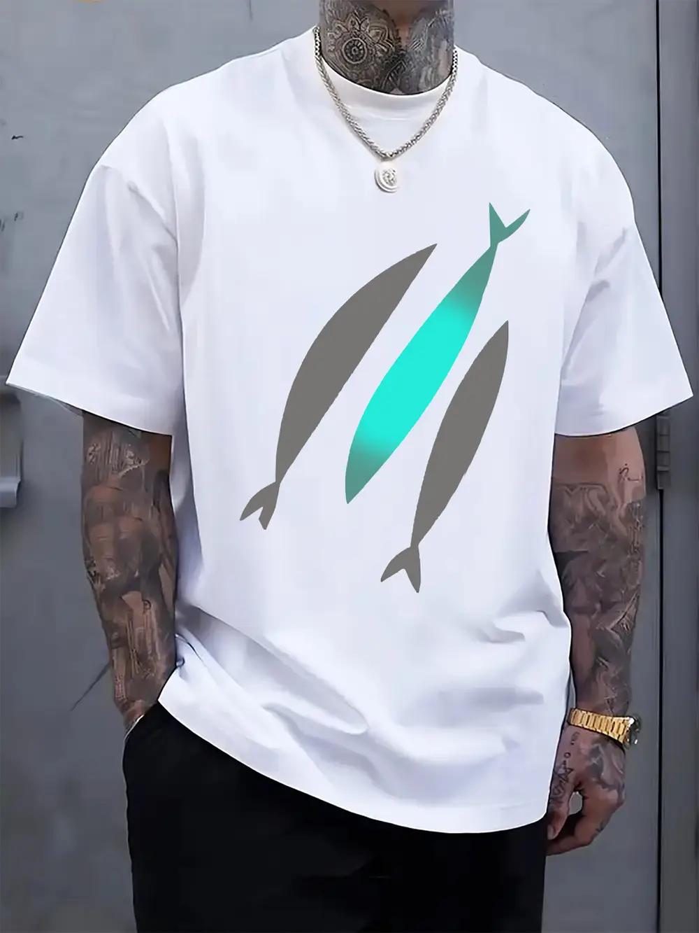 

Round Neck Short Sleeve T-shirt with a Minimalist Fish Pattern Print M