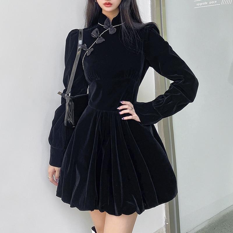 Cheongsam Darlingaga Vintage Elegante Gothic Dark Bow Velour Schwarzes Kleid Herbst Winter Chinesischer Stil Plissee Kleider Party Diamanten Kleidung