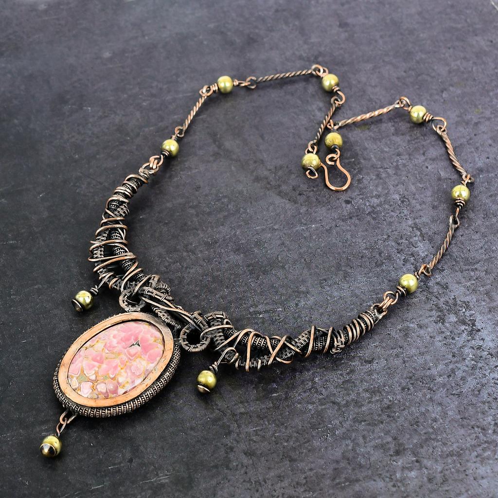 Natural Pink Opal Gemstone Handmade Copper Wire Wrap Jewelry Necklace 18" H2h40