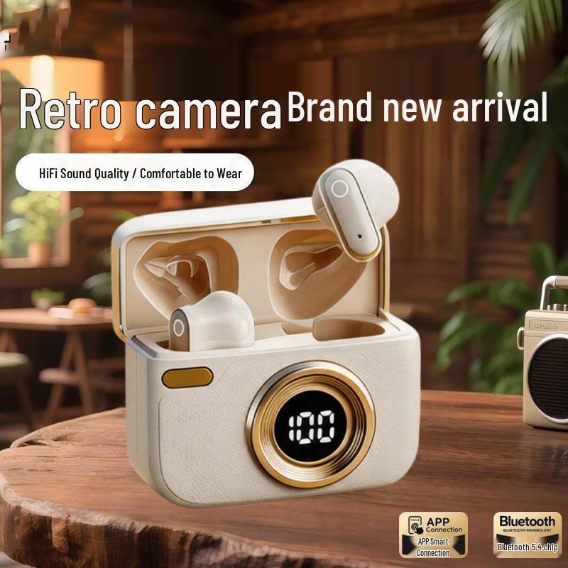 Retro Camera Bluetooth Headset: Short-Handle, In-Ear Design, Noise Reduction, Ultra-Long Battery Life, High-Quality Sound (T24)