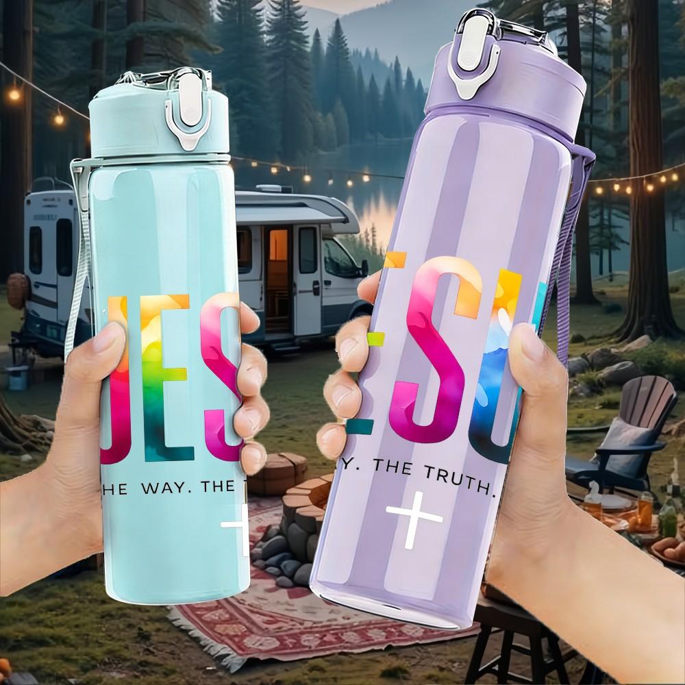 1PC Jesus Color Letter Logo Print 750ml Color Plastic Sports Water Bottle Leakproof Flip Straw Lid Suitable for Sports Office Home Use