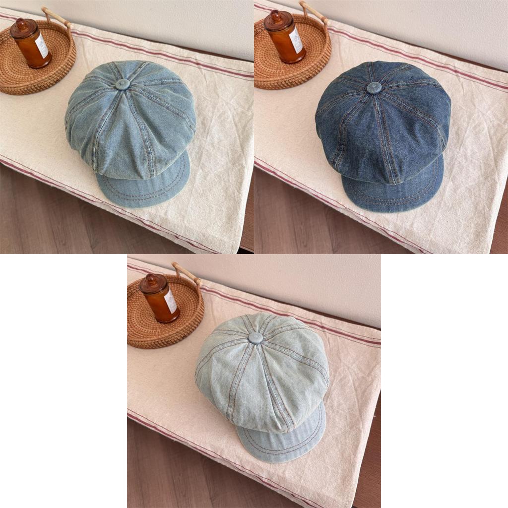 Large Head Circumference Denim Beret Hat Round Top Style With Short Brim Stylish Cloud Design Cap