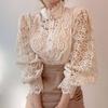 Women's Floral Lace Blouse Stand Collar Long Sleeve Hollow Out Button Detail Elegant Top