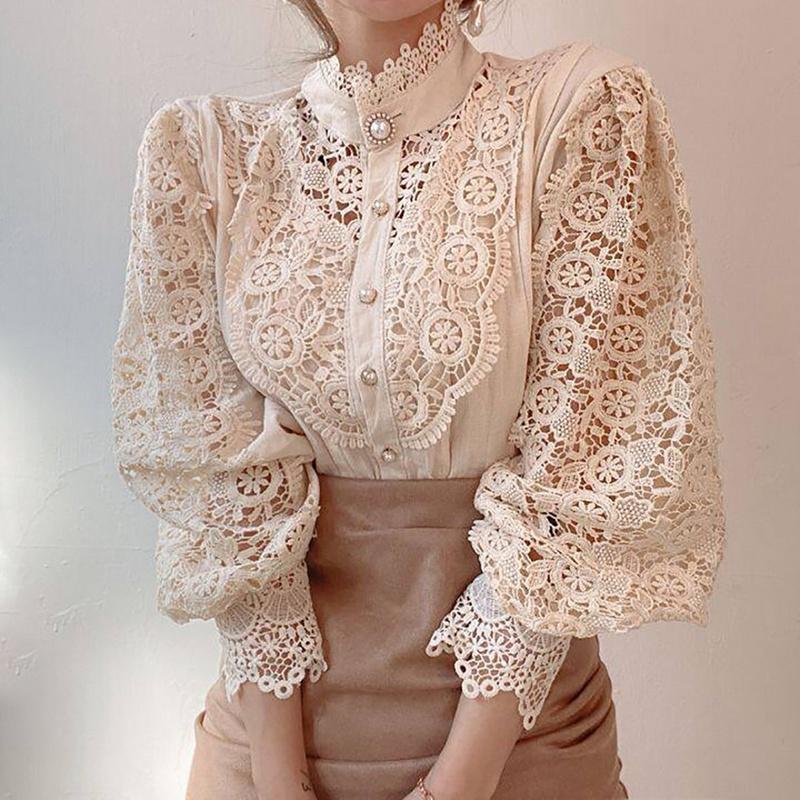 Women's Floral Lace Blouse Stand Collar Long Sleeve Hollow Out Button Detail Elegant Top