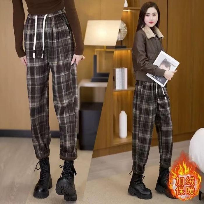 Autumn/Winter Women's High Waist Haren Pants with Plush Thickened Checkered Casual Pants