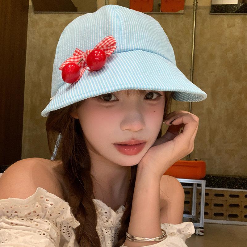 Cute Bow Cherry Quick Drying Bucket Hat Women's Summer Thin Versatile Breathable Striped Sunscreen Hat Basin Hat