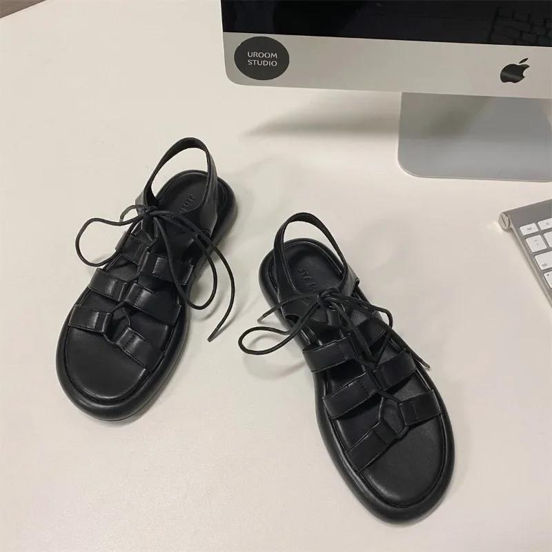 Summer Women's Flat Sandals Band Straps Solid Ankle Lace Shoes Women Dress Retro Rome Classic Summer Leisure Sandalias De Mujer